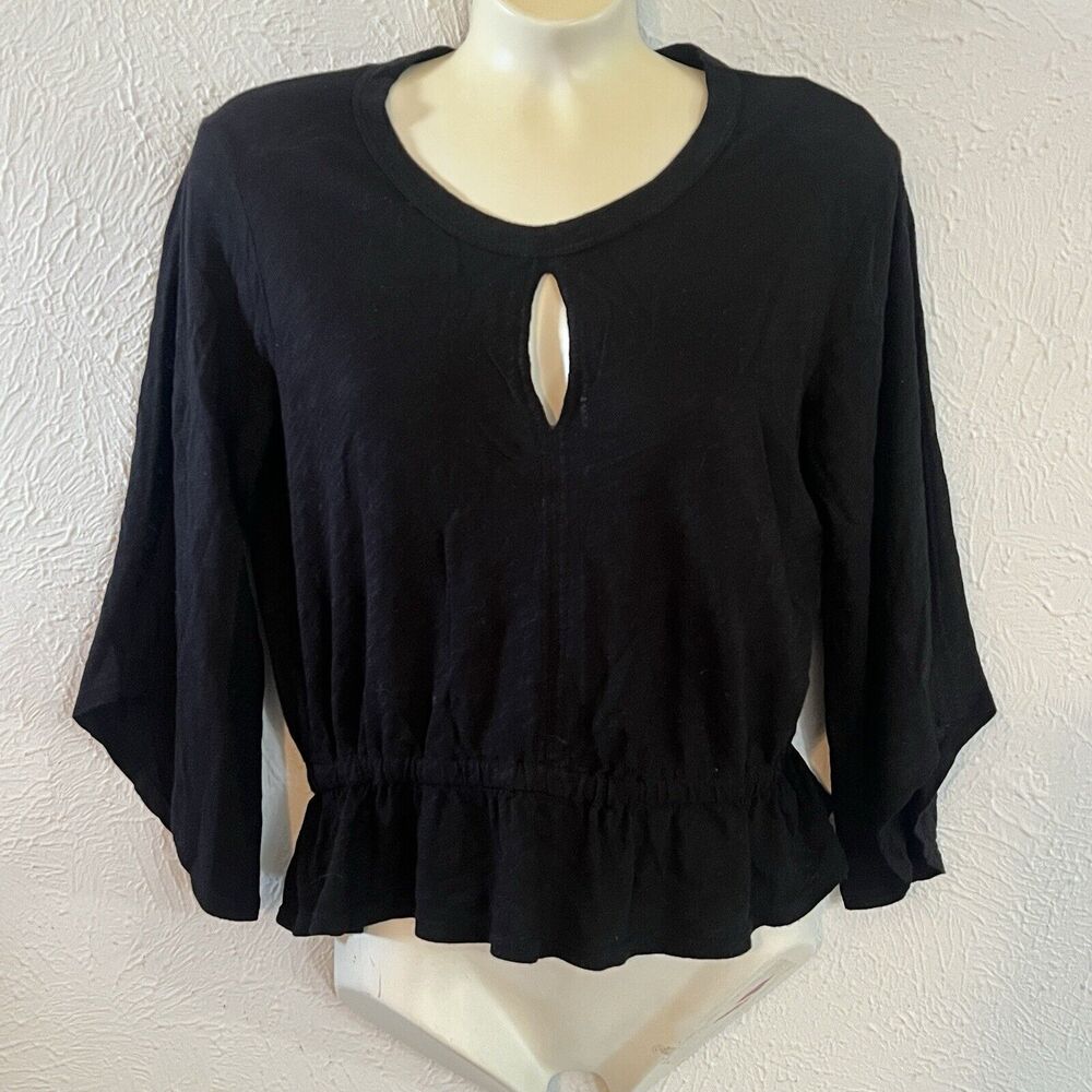 W by Wilt Women Black Slub Cotton Elastic Waist Peplum Open Slit Sleeve Top XS